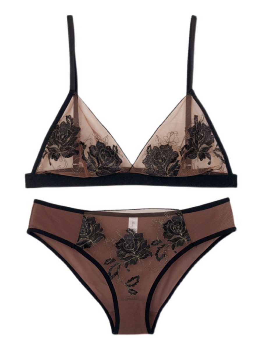 Queen Floral Embroidered Triangle Thin Lingerie Set (3 Colors)